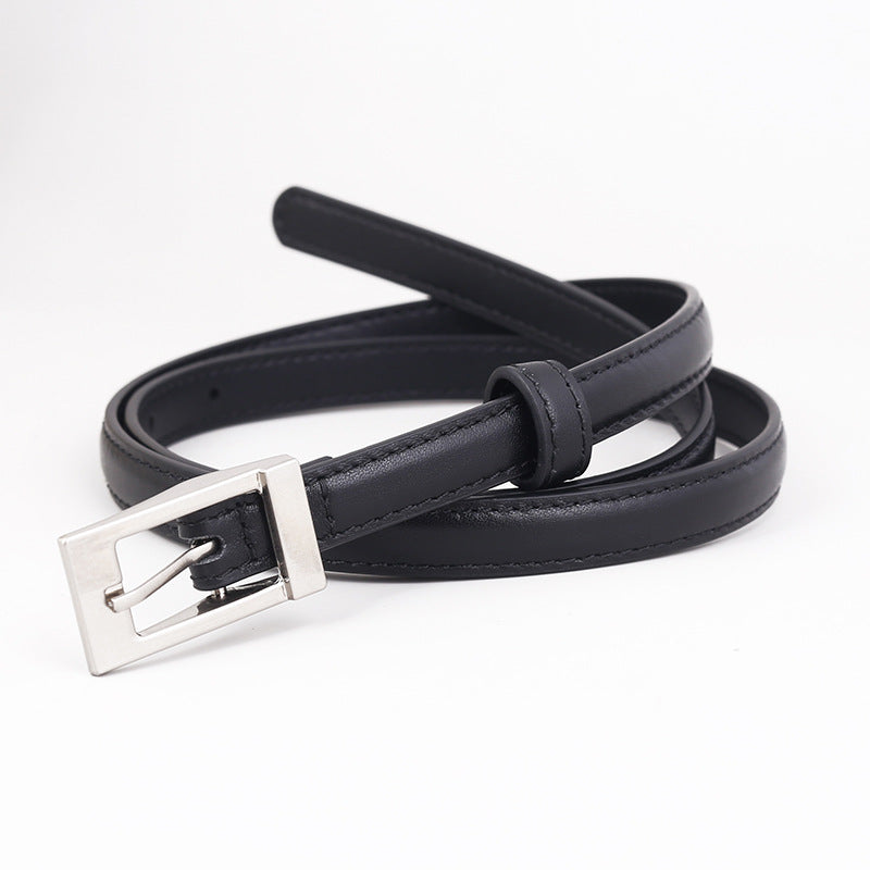 Black cowhide leather belt with a silver metal buckle
