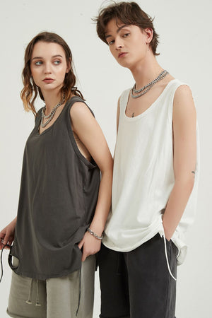 Dark gray and white sleeveless scoop neck tank tops