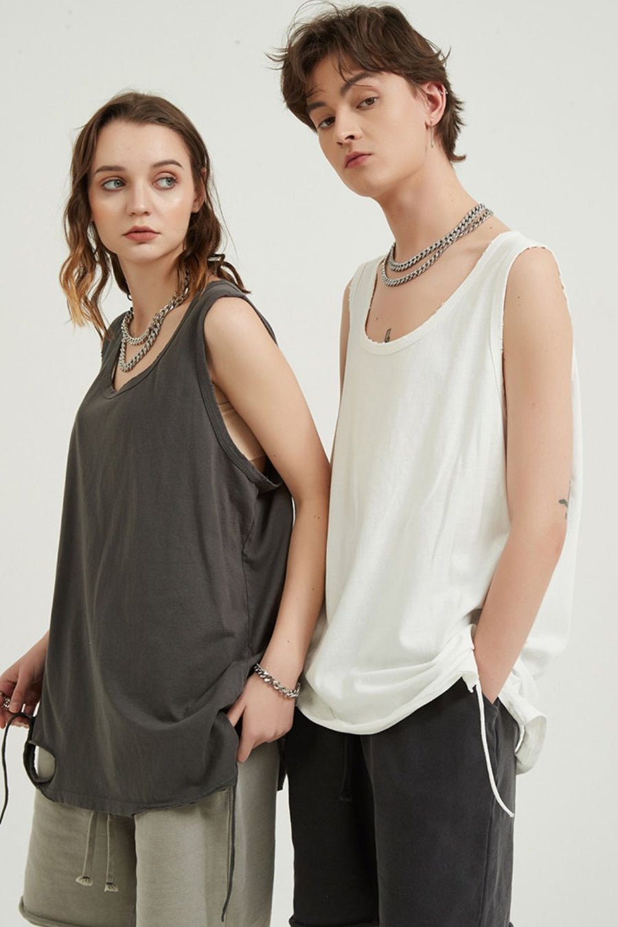 Dark gray and white sleeveless scoop neck tank tops