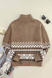 Taupe zip-through knit jacket with Fair Isle pattern and turtleneck.