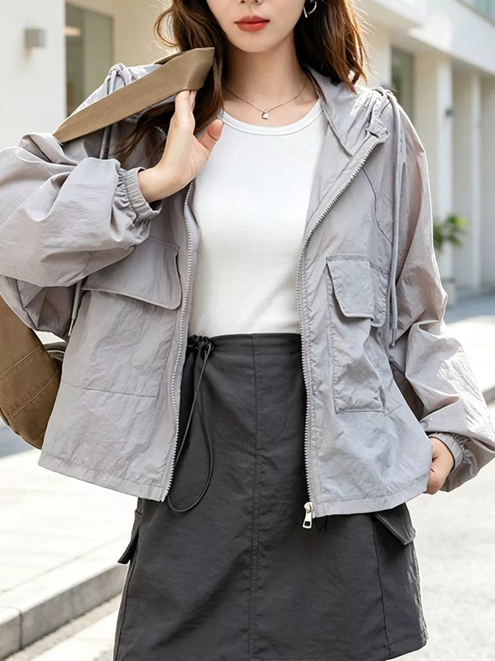 Gray Lightweight Hooded Zip Up Jacket