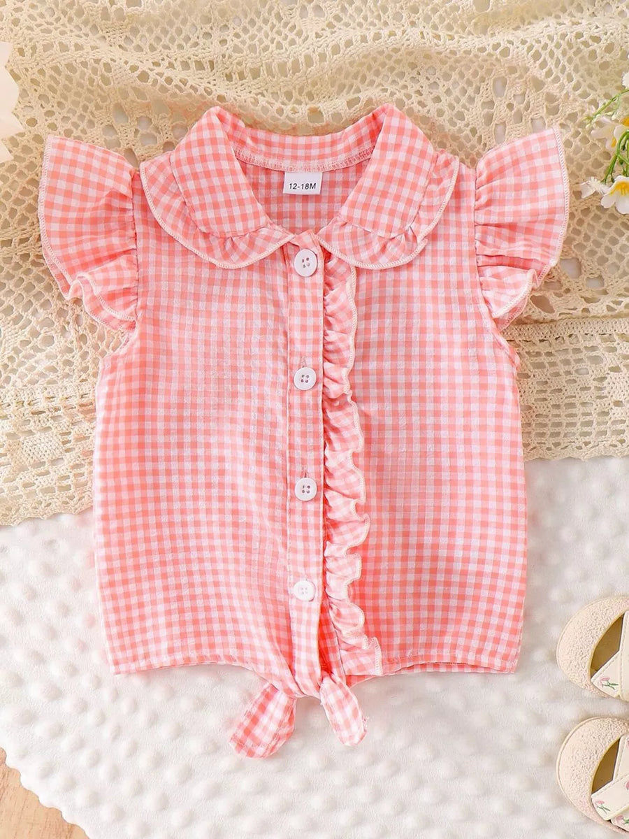 Children's Gingham Ruffle Collar Sleeveless Shirt in White