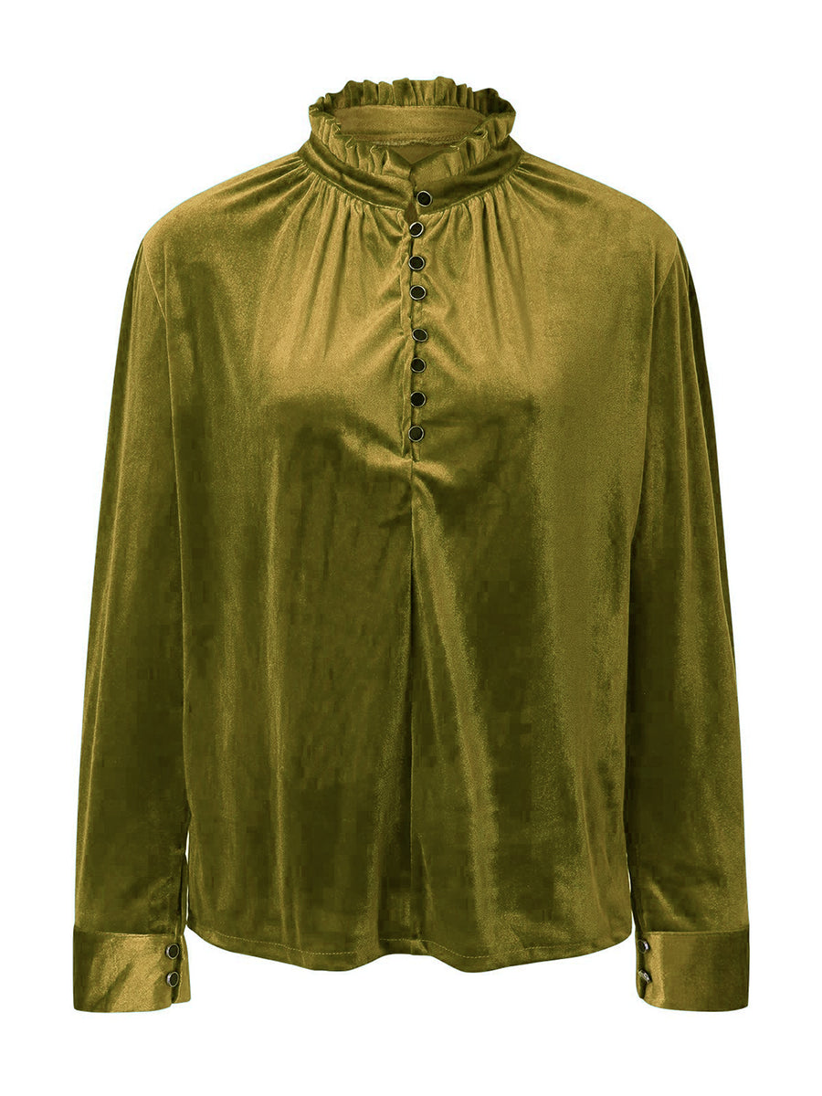 Olive velvet blouse with mandarin collar, ruffled neckline, and button front.