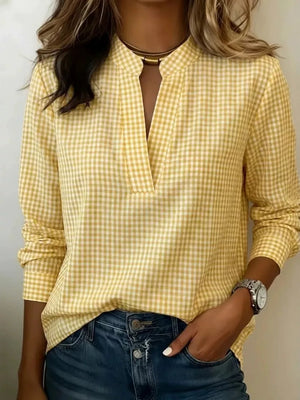 Yellow Full Size Plaid Notched Long Sleeve Blouse