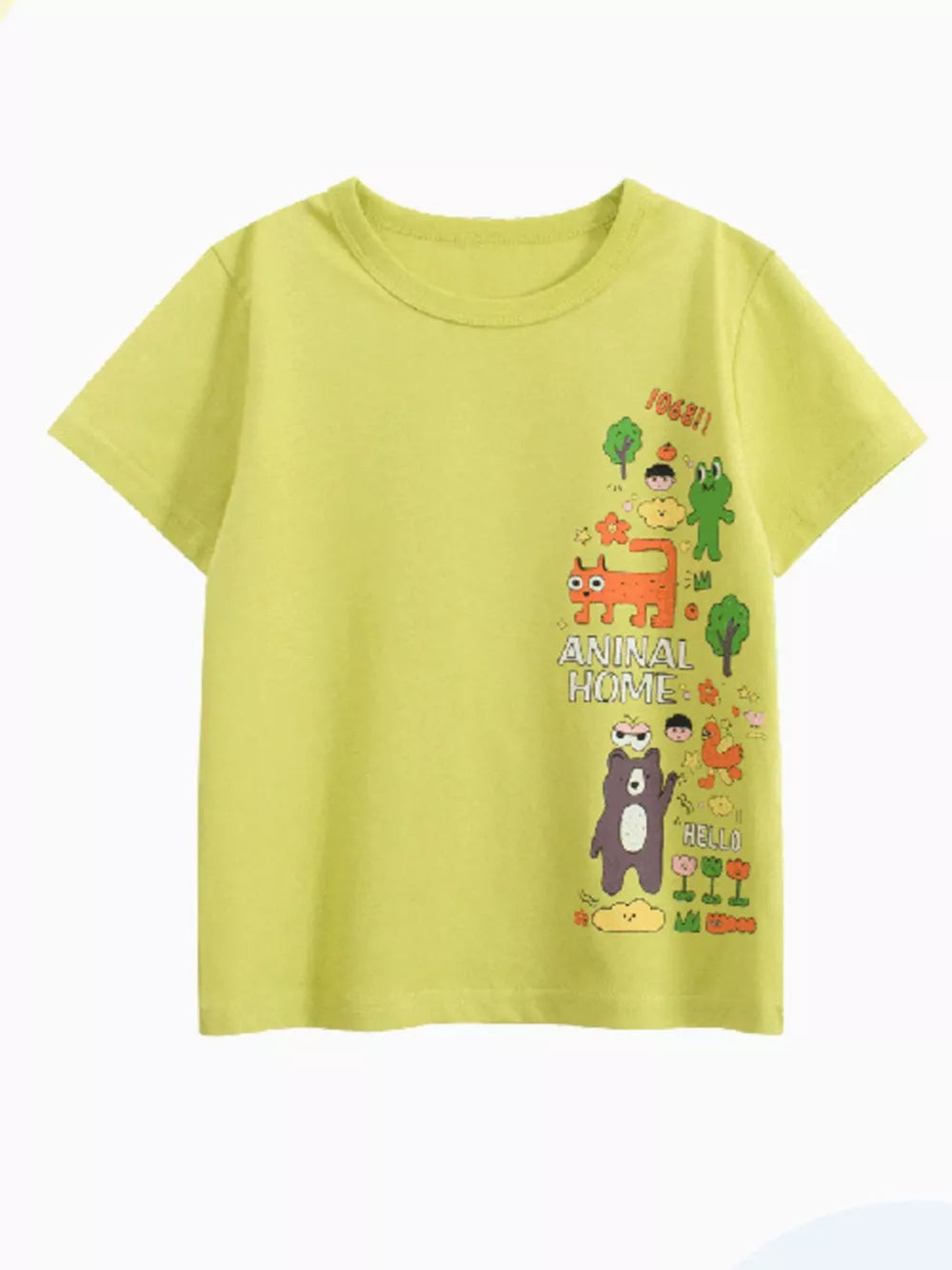 Yellow graphic t-shirt with cartoon animals and flowers print