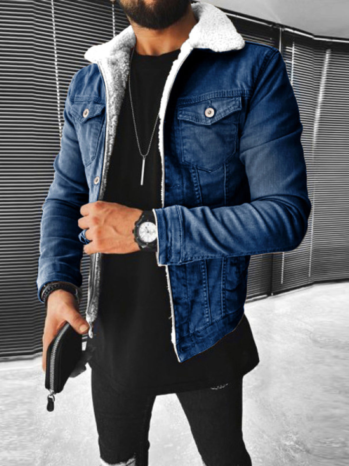denim jacket in dark blue featuring pocketed and regular fit