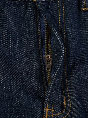 Blue wide-leg jeans with full-length and button-front