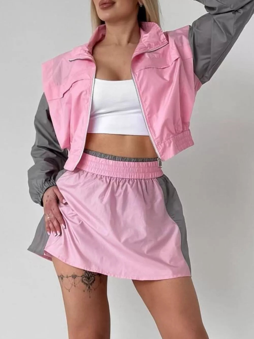Black Color Block Cropped Jacket And Skirt Set