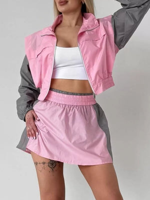 Black Color Block Cropped Jacket And Skirt Set