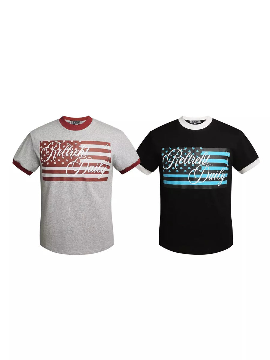 Black with Men's Us Flag Graphic Round Neck T-shirt