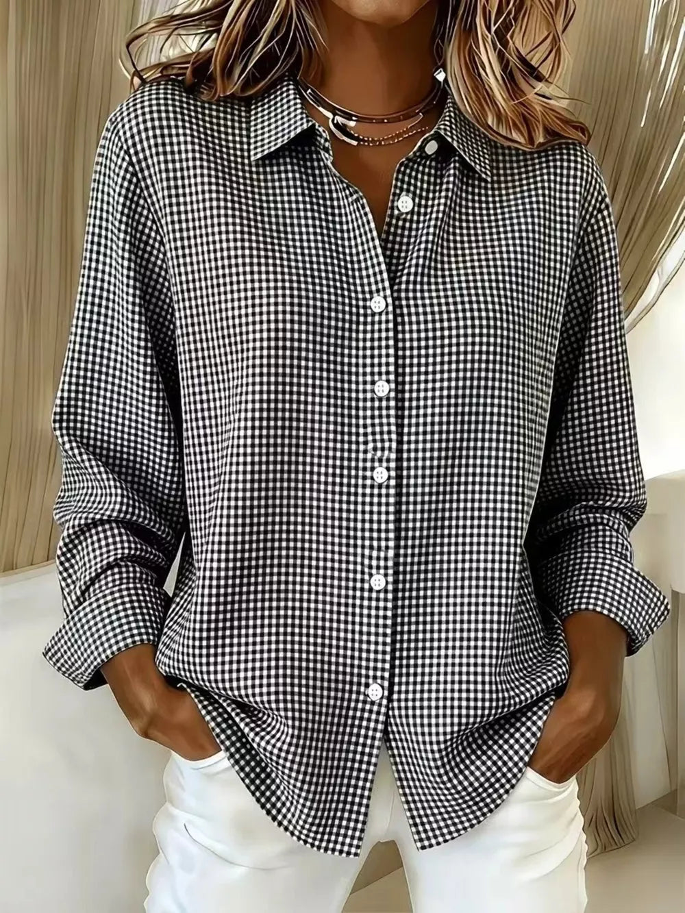 Plus Size Plaid Button Up Long Sleeve Shirt in Light Yellow