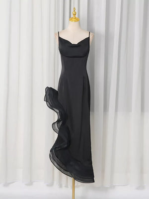 Black with Spaghetti Strap Ruffle Slit Maxi Dress in Black
