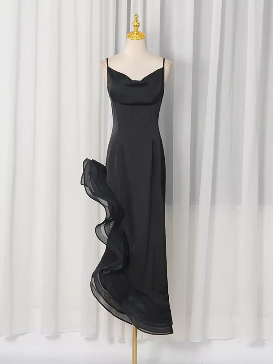 Black with Spaghetti Strap Ruffle Slit Maxi Dress in Black