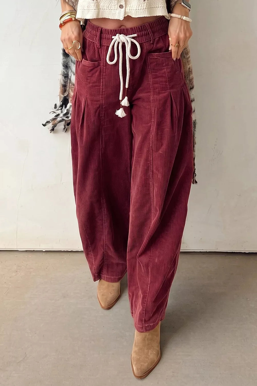 Burgundy with Elastic Waist Drawstring Corduroy Casual Pants