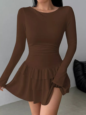Ruched Long Sleeve Layered Ruffle Mini Dress in Red