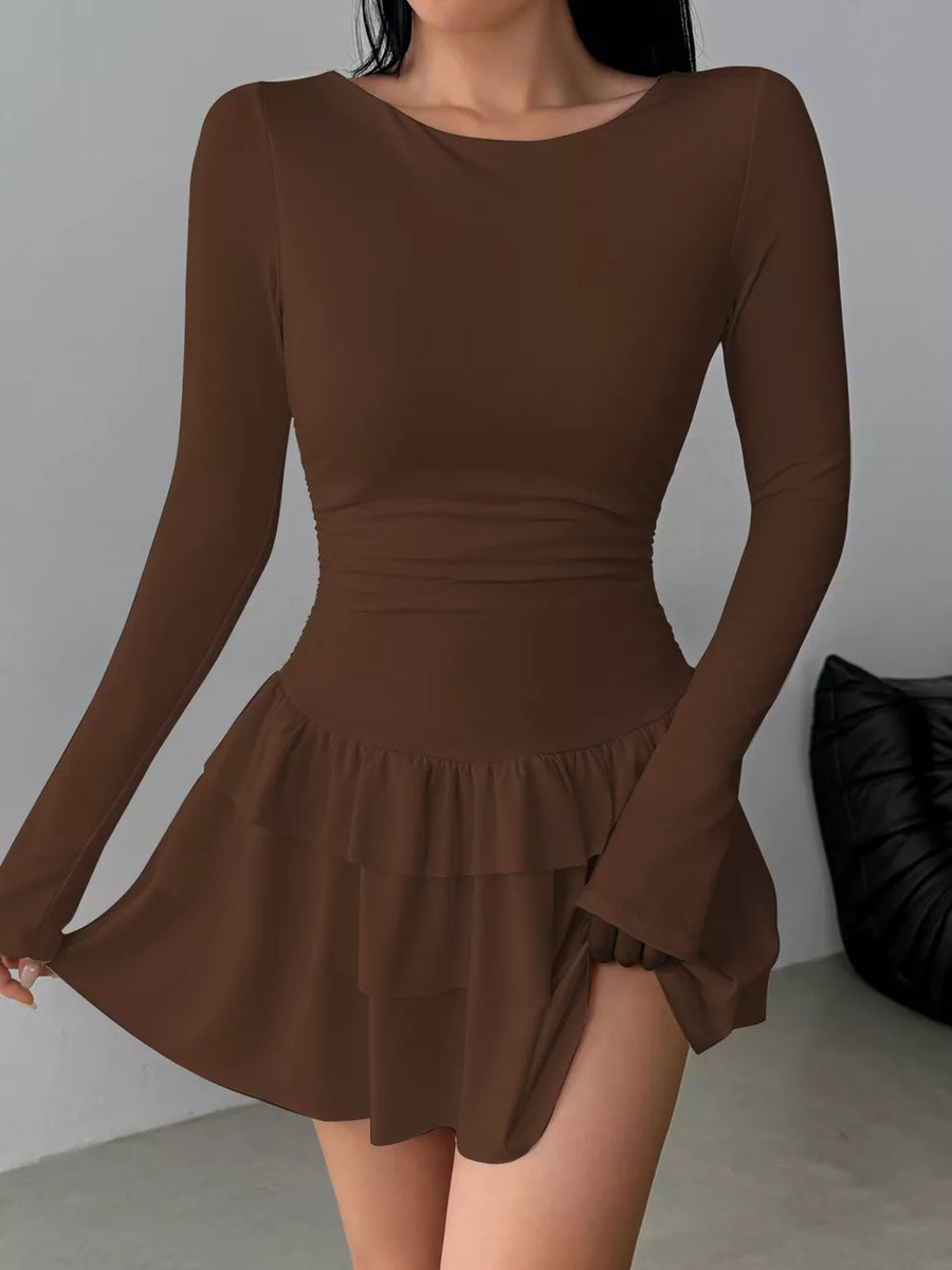 Ruched Long Sleeve Layered Ruffle Mini Dress in Red