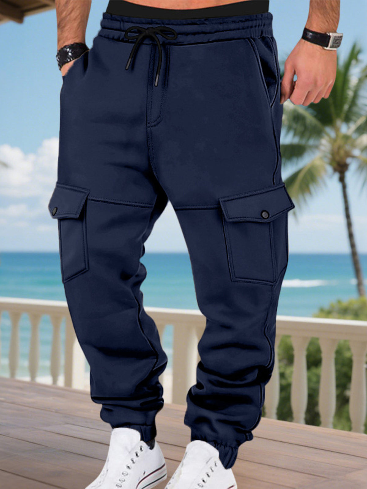 joggers in navy blue featuring drawstring waist and relaxed fit